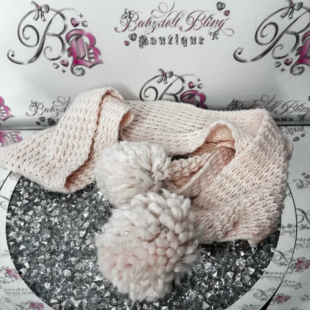 Scarf sparkly Cozy baby pink Knit Scarf with Pom Poms glitter pink crochet 🧶
